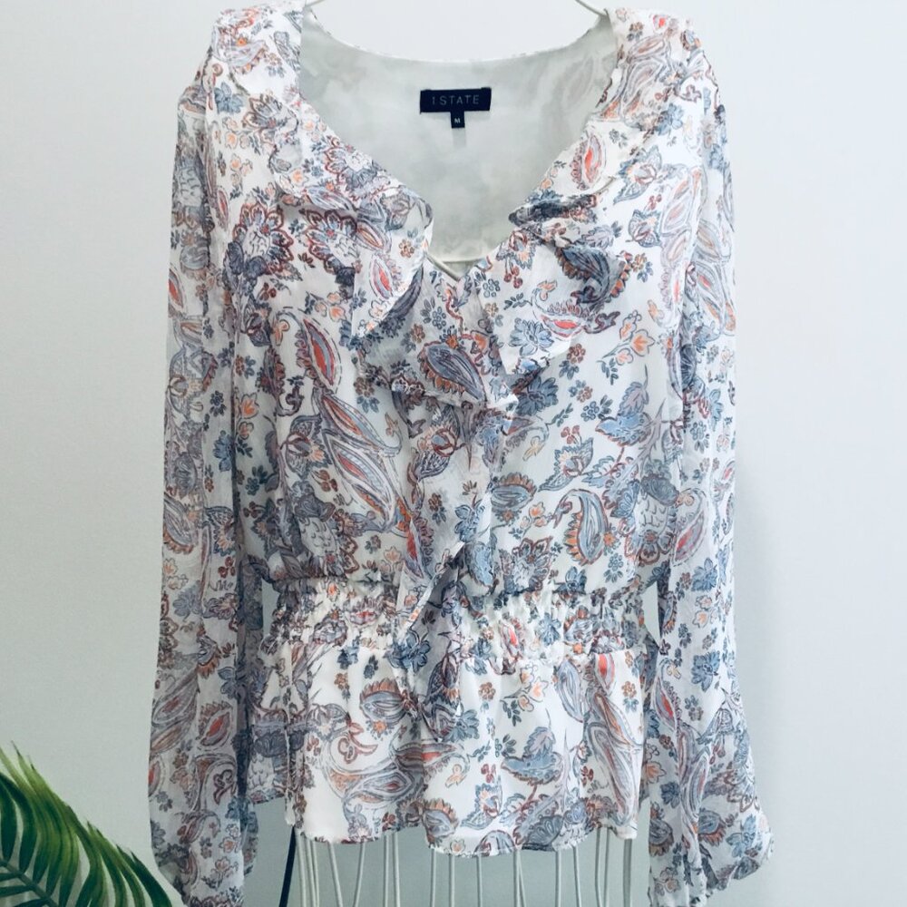 1. State Blue & White Paisley Print Blouse - Medium
